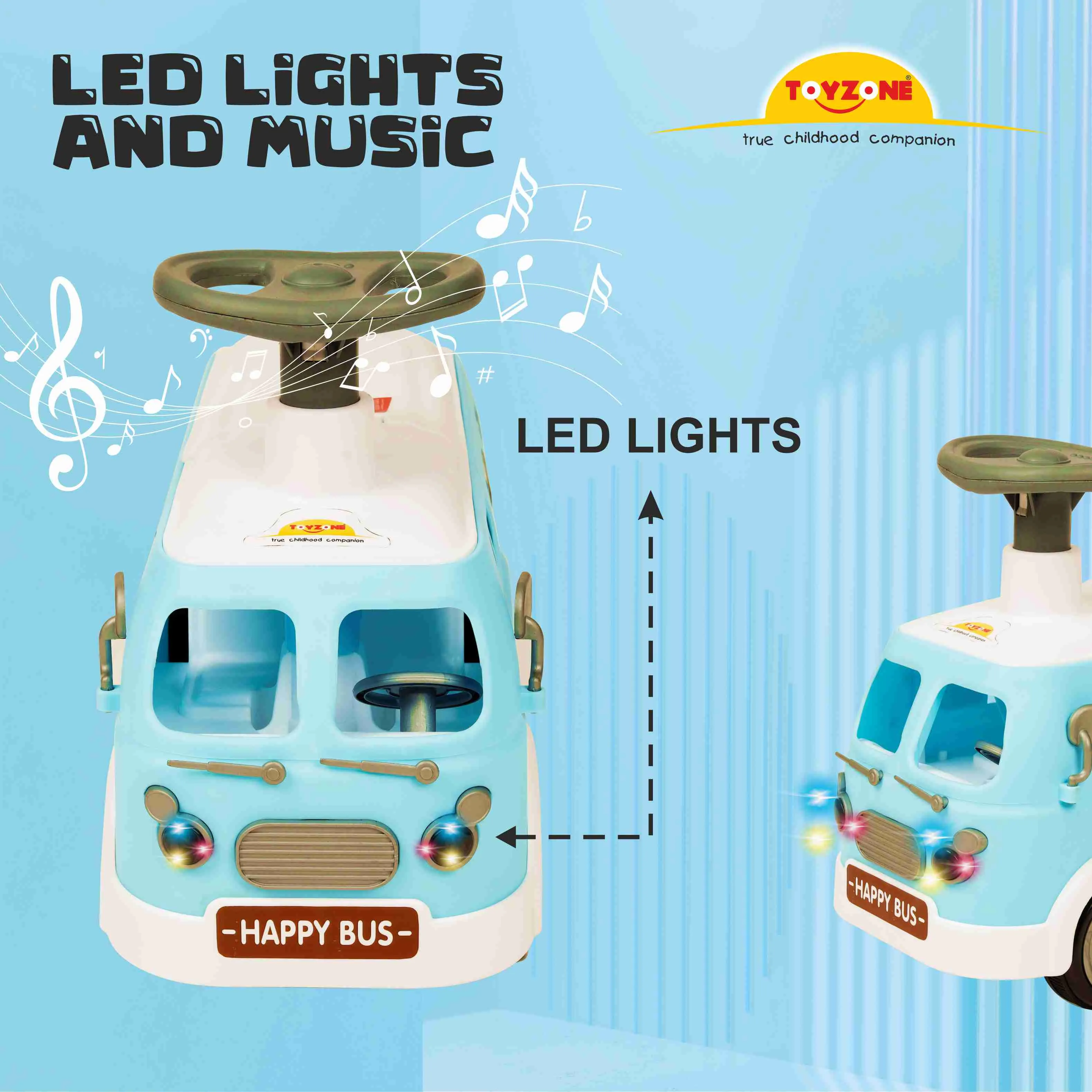 Happy Bus Ride On - Blue | Toddler Ride-on | Lights & Music | Ride-on with easy storage | Grip wheels | Make in India | Indoor & Outdoor | For Kids 2  years