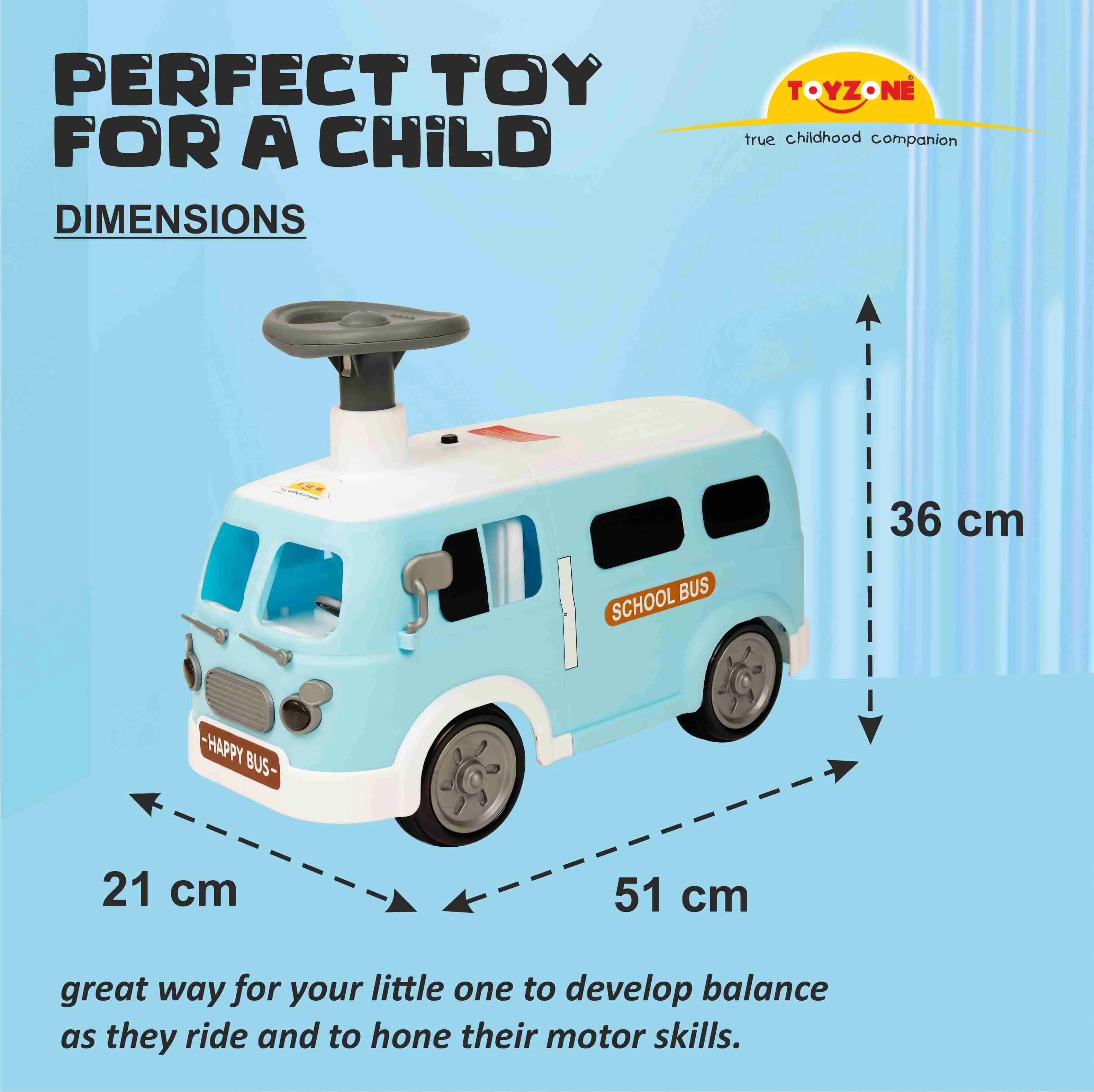 Happy Bus Ride On - Blue | Toddler Ride-on | Lights & Music | Ride-on with easy storage | Grip wheels | Make in India | Indoor & Outdoor | For Kids 2  years