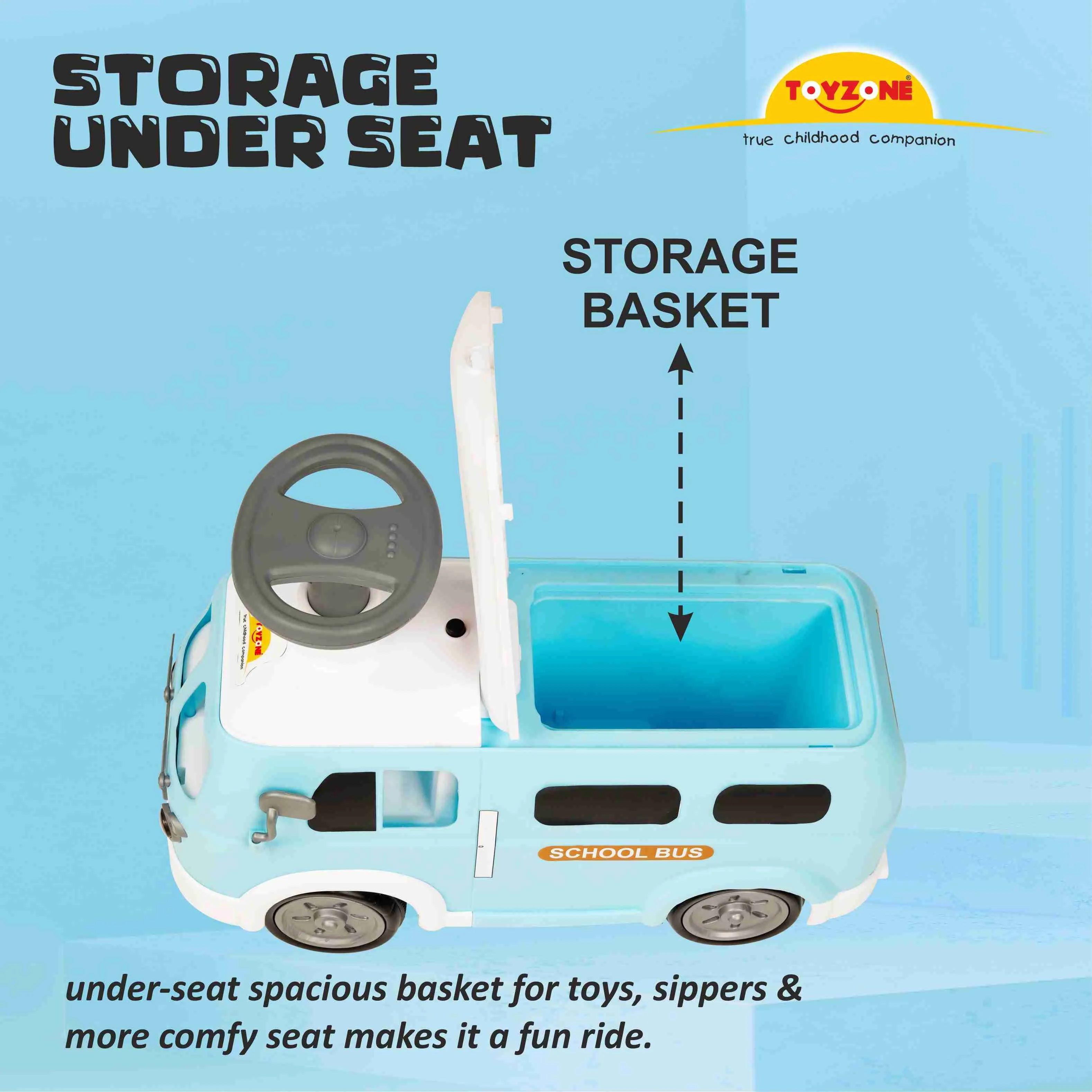 Happy Bus Ride On - Blue | Toddler Ride-on | Lights & Music | Ride-on with easy storage | Grip wheels | Make in India | Indoor & Outdoor | For Kids 2  years