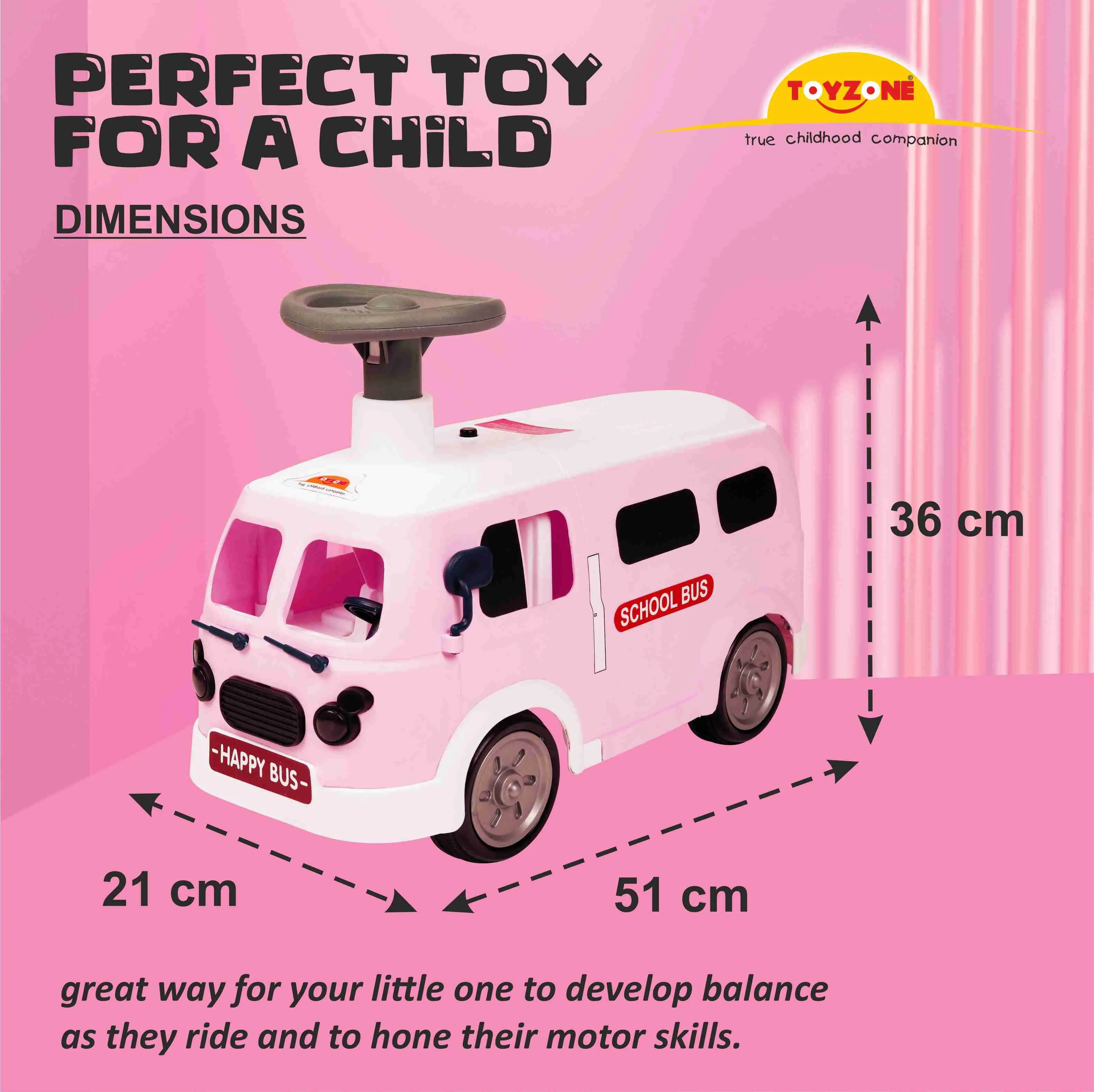 Happy Bus Ride On - Pink | Toddler Ride-on | Lights & Music | Ride-on with easy storage | Grip wheels | Make in India | Indoor & Outdoor | For Kids 2  years