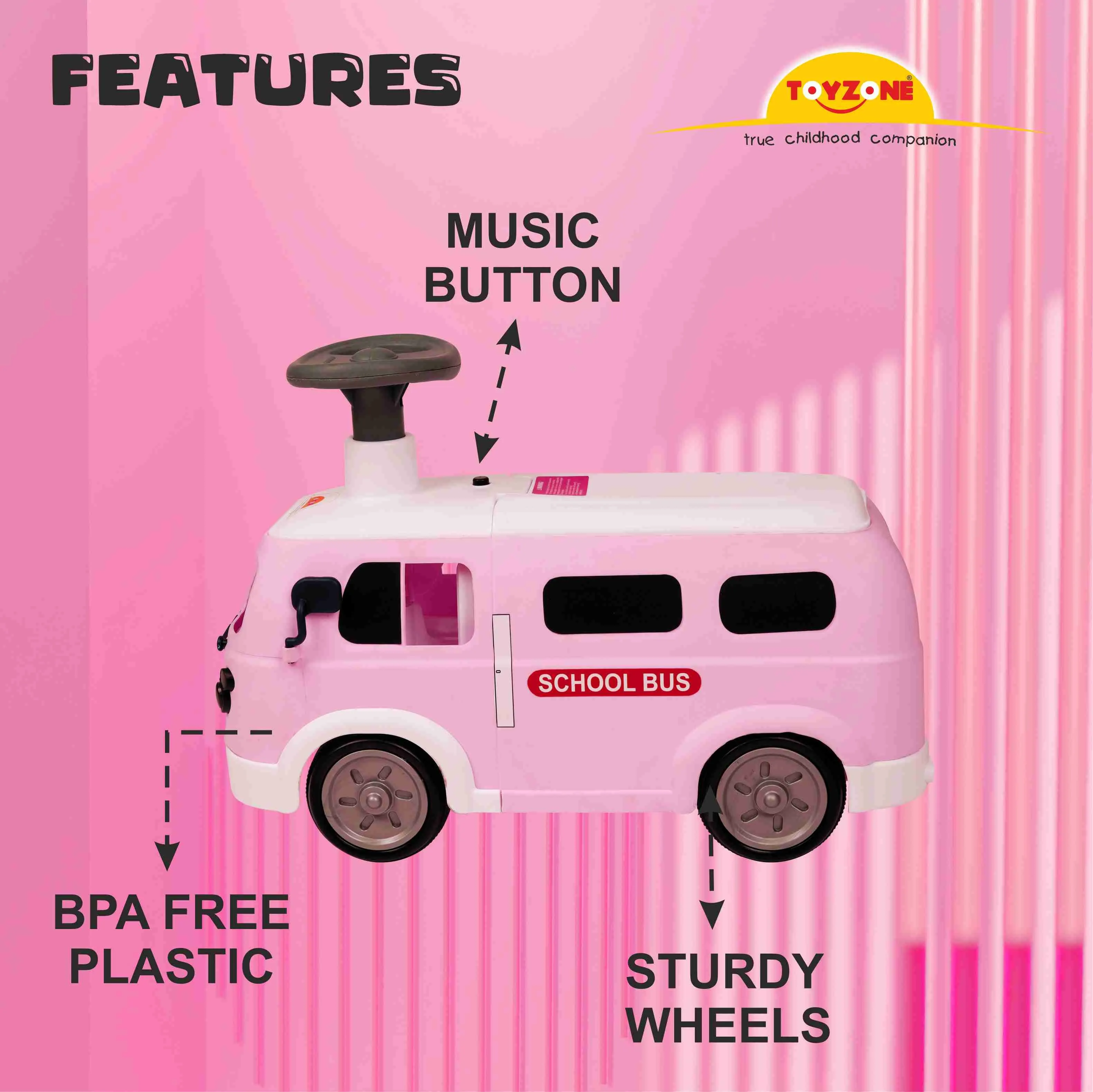 Happy Bus Ride On - Pink | Toddler Ride-on | Lights & Music | Ride-on with easy storage | Grip wheels | Make in India | Indoor & Outdoor | For Kids 2  years