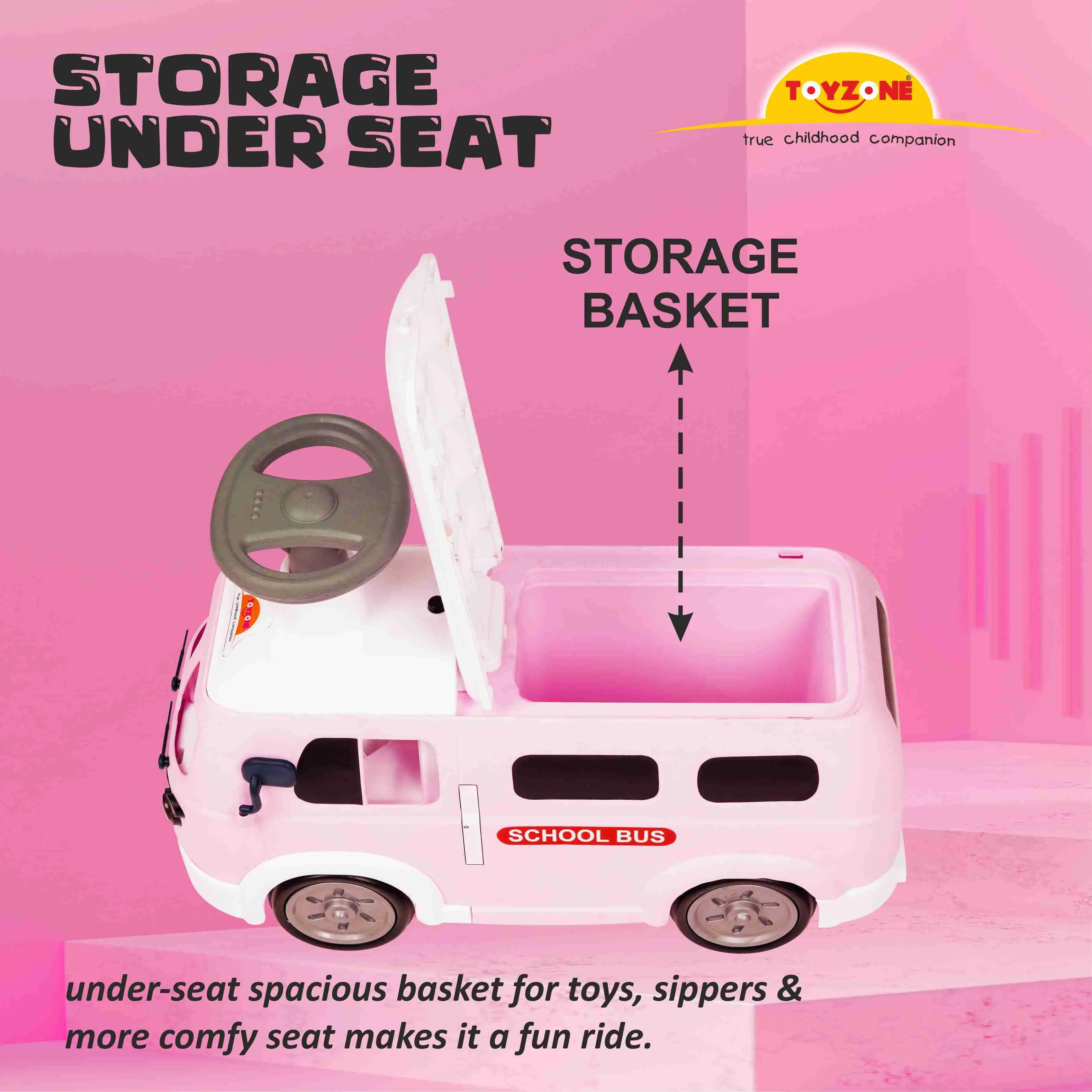 Happy Bus Ride On - Pink | Toddler Ride-on | Lights & Music | Ride-on with easy storage | Grip wheels | Make in India | Indoor & Outdoor | For Kids 2  years
