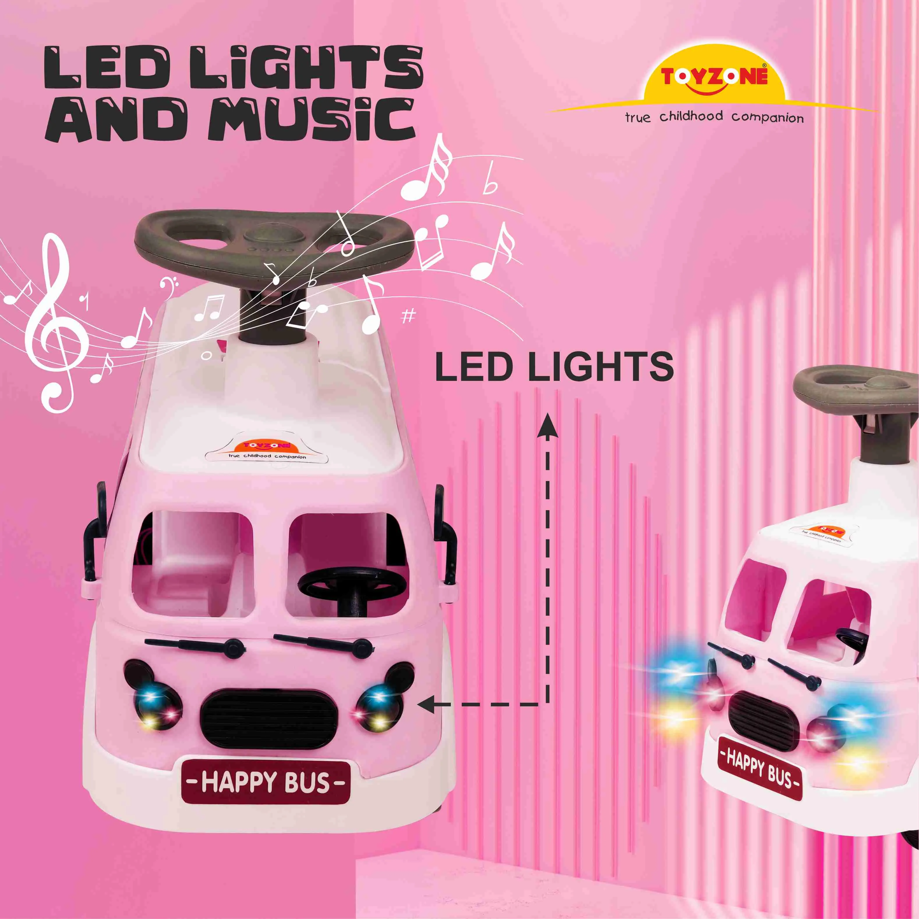 Happy Bus Ride On - Pink | Toddler Ride-on | Lights & Music | Ride-on with easy storage | Grip wheels | Make in India | Indoor & Outdoor | For Kids 2  years
