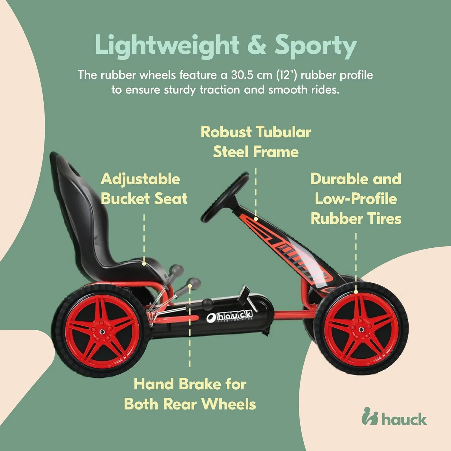 Hauck Hurricane Pedal Go Kart, Ride-On Toy w/ Rubber Tires & Handbrake, for Kids Ages 4-10