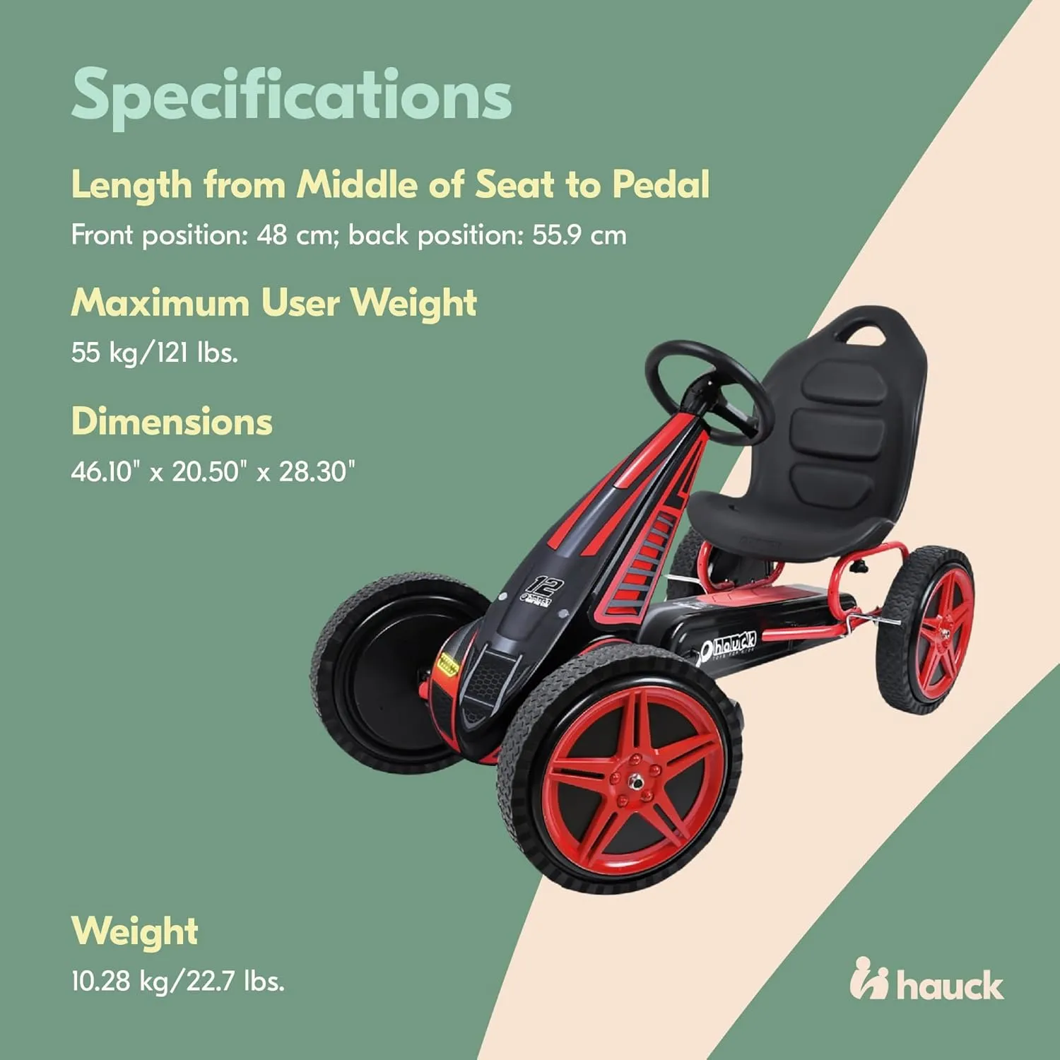 Hauck Hurricane Pedal Go Kart, Ride-On Toy w/ Rubber Tires & Handbrake, for Kids Ages 4-10