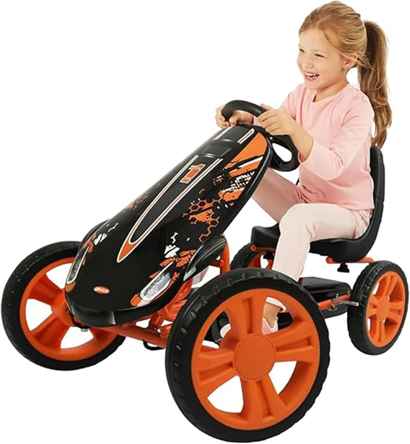 hauck Speedster Pedal Car with 3 Way Adjustable Bucket Seat, Hand Brake, and Robust Steel Tube Frame for Indoor and Outdoor Use, Orange