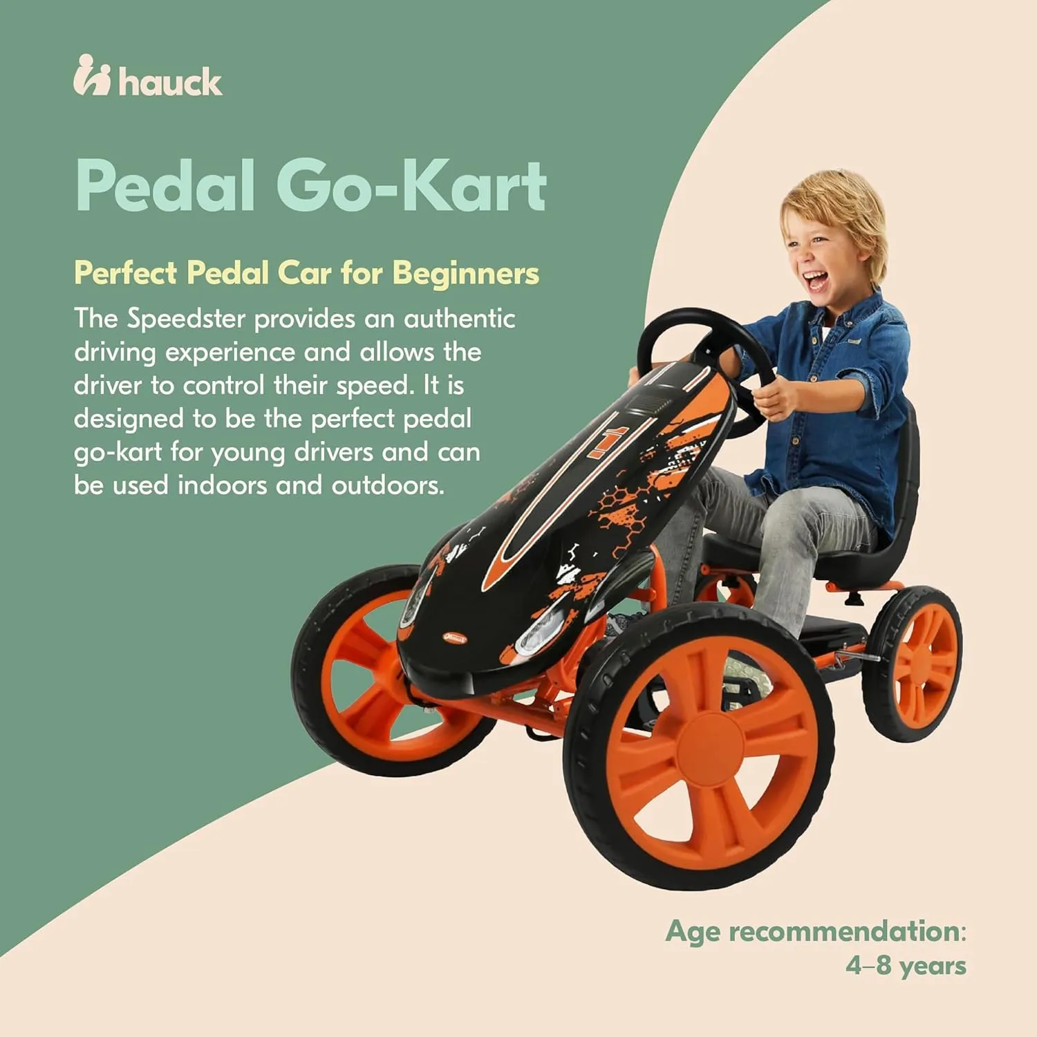 hauck Speedster Pedal Car with 3 Way Adjustable Bucket Seat, Hand Brake, and Robust Steel Tube Frame for Indoor and Outdoor Use, Orange