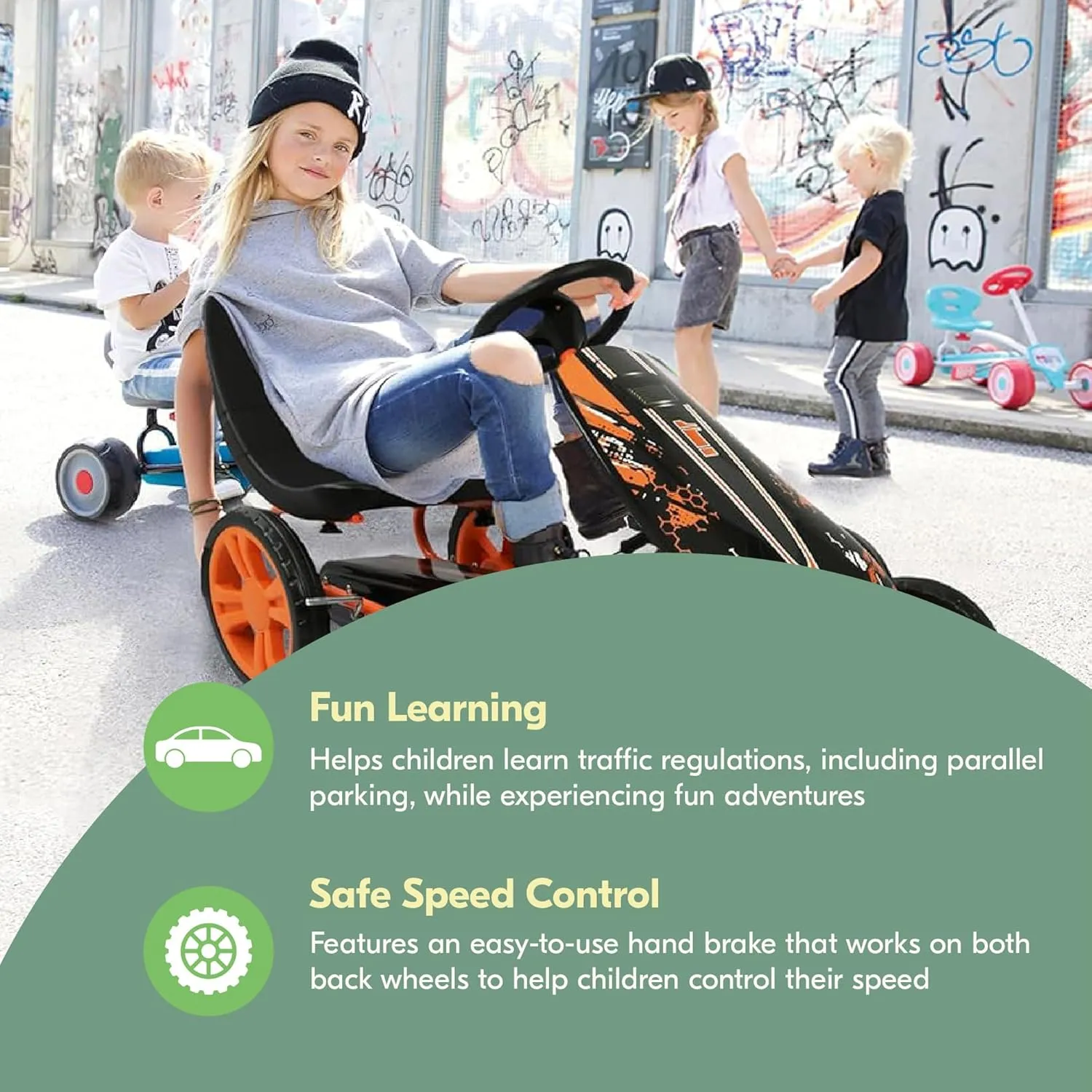 hauck Speedster Pedal Car with 3 Way Adjustable Bucket Seat, Hand Brake, and Robust Steel Tube Frame for Indoor and Outdoor Use, Orange