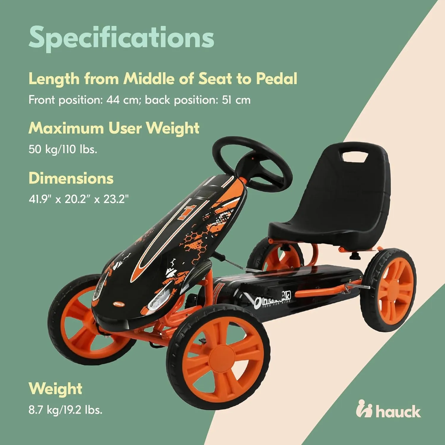 hauck Speedster Pedal Car with 3 Way Adjustable Bucket Seat, Hand Brake, and Robust Steel Tube Frame for Indoor and Outdoor Use, Orange