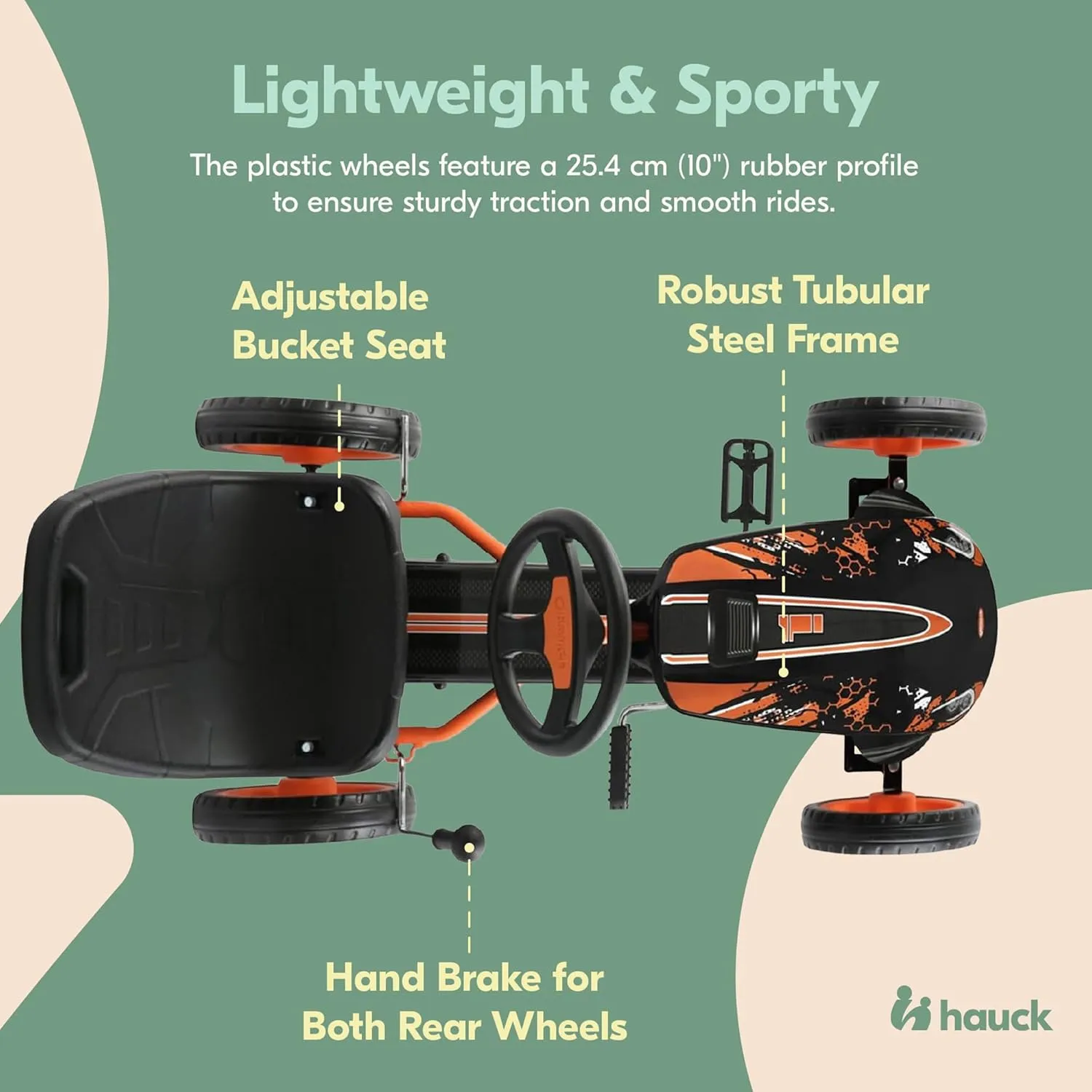 hauck Speedster Pedal Car with 3 Way Adjustable Bucket Seat, Hand Brake, and Robust Steel Tube Frame for Indoor and Outdoor Use, Orange
