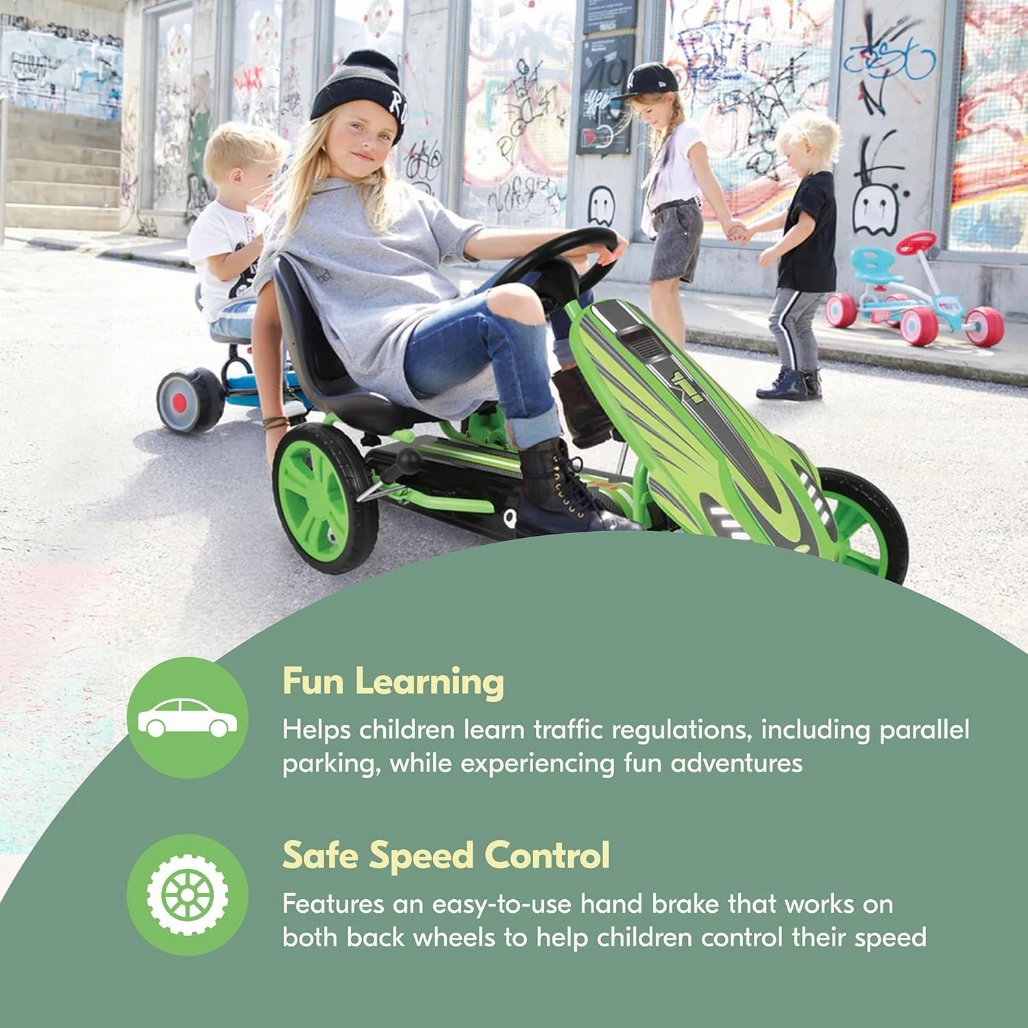 Hauck Speedster Pedal Go-Kart for Kids Ages 4-8 with Adjustable Bucket Seat, Large Front Plate, Handbrake, and EVA Plastic Wheels, Green