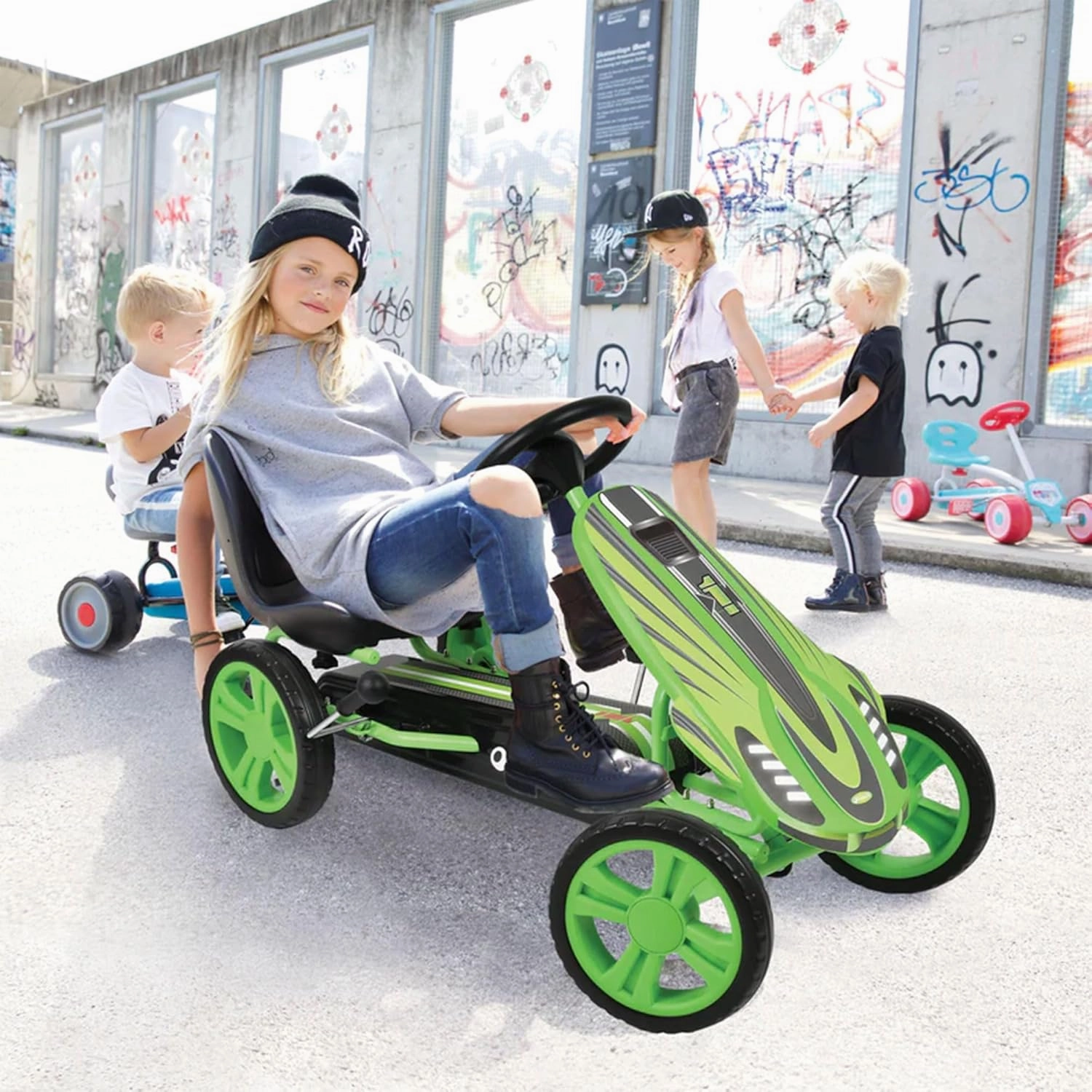 Hauck Speedster Pedal Go-Kart for Kids Ages 4-8 with Adjustable Bucket Seat, Large Front Plate, Handbrake, and EVA Plastic Wheels, Green