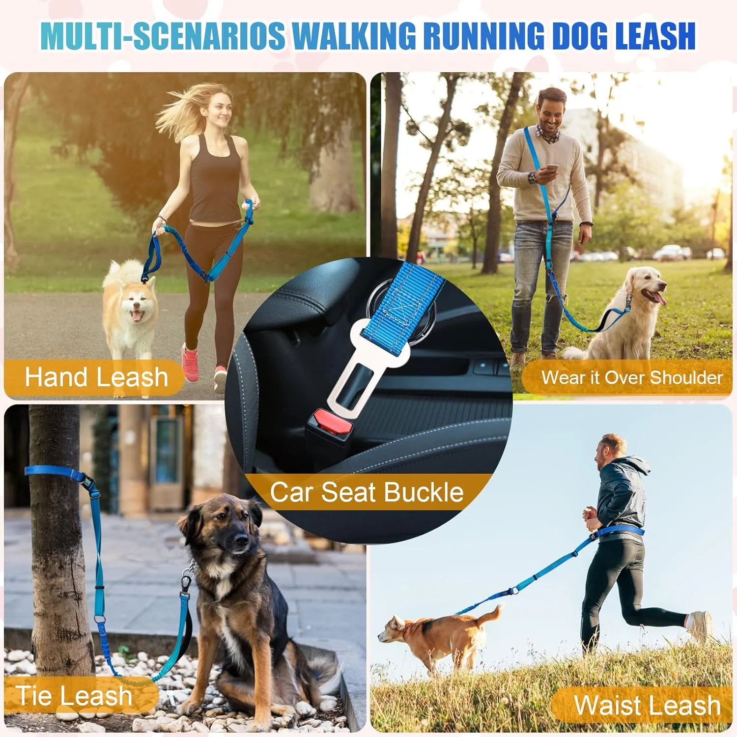Heavy Duty Hands Free Dog Leash, 4-6 FT Reflective Adjustable Waist Dog Leash Belt with Padded Handles, Shock Absorbing Bungee and Car Seat Belt for Large Medium Dogs (Gradient Cobalt, L)