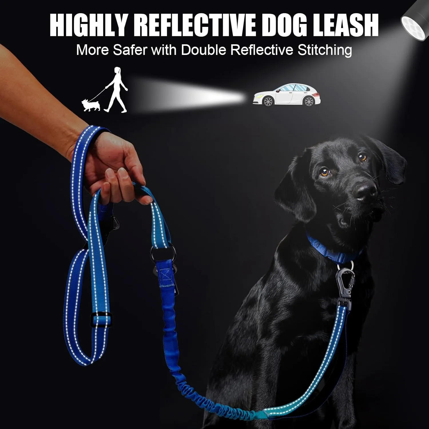 Heavy Duty Hands Free Dog Leash, 4-6 FT Reflective Adjustable Waist Dog Leash Belt with Padded Handles, Shock Absorbing Bungee and Car Seat Belt for Large Medium Dogs (Gradient Cobalt, L)