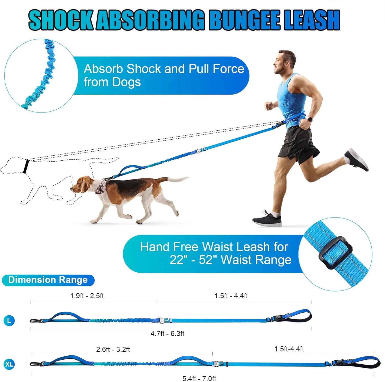 Heavy Duty Hands Free Dog Leash, 4-6 FT Reflective Adjustable Waist Dog Leash Belt with Padded Handles, Shock Absorbing Bungee and Car Seat Belt for Large Medium Dogs (Gradient Cobalt, L)