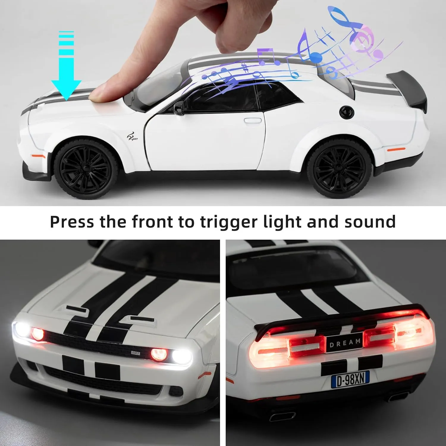 Hellcat Toy Cars for Collectible 1:22 Dodge Challenger SRT White Hellcat Toy, Diecast Vehicle Toy with Lights and Sounds,Pull Back Decoration Model Car Toy for Adults Kids Birthday Gifts