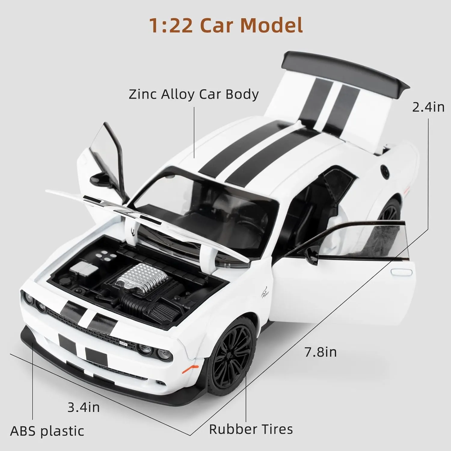 Hellcat Toy Cars for Collectible 1:22 Dodge Challenger SRT White Hellcat Toy, Diecast Vehicle Toy with Lights and Sounds,Pull Back Decoration Model Car Toy for Adults Kids Birthday Gifts