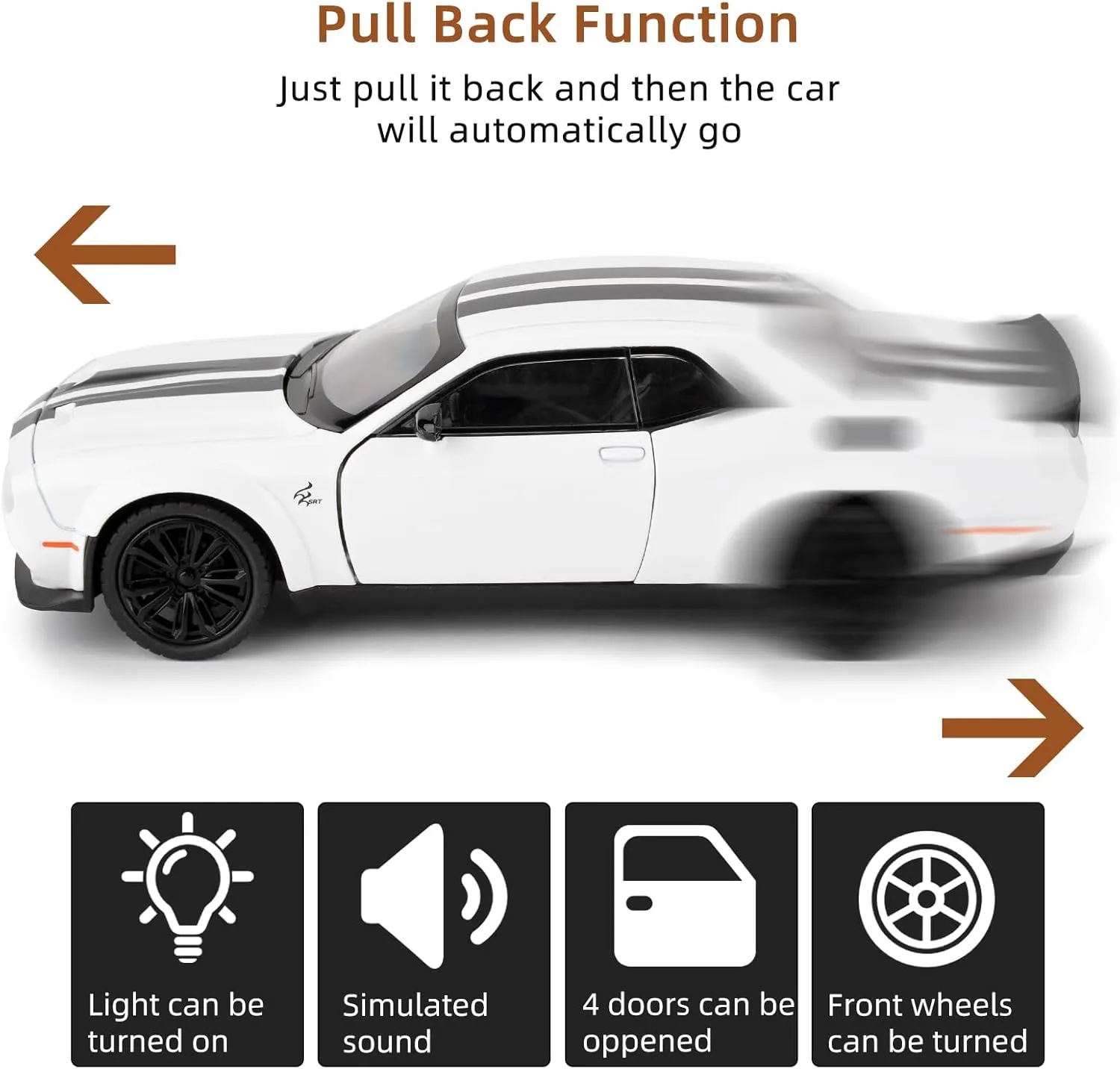Hellcat Toy Cars for Collectible 1:22 Dodge Challenger SRT White Hellcat Toy, Diecast Vehicle Toy with Lights and Sounds,Pull Back Decoration Model Car Toy for Adults Kids Birthday Gifts