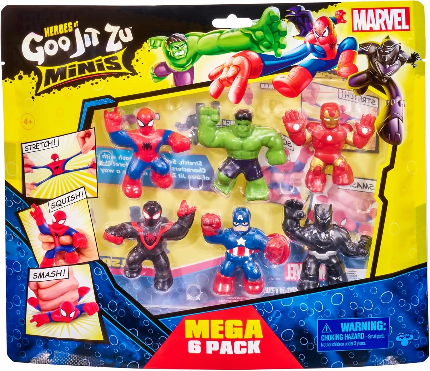 Heroes of Goo Jit Zu Marvel Mega Mini 6 Pack - Squishy, Stretchy, Gooey Mini Heroes - Ironman, Spider-Man, Captain America, Miles Morales, Hulk and Black Panther