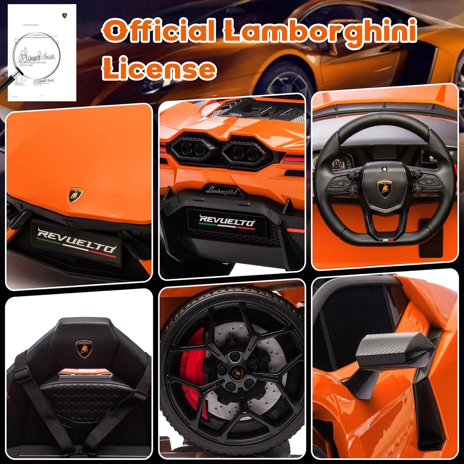 Hetoy 12V Kids Ride On Car, Licensed Lamborghini Revuelto Electric Car for Kids Over 37 Months, Battery Powered Sports Car Toy with Remote Control, Bluetooth, Headlight, Music, Orange