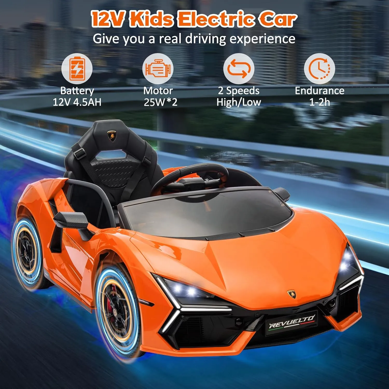 Hetoy 12V Kids Ride On Car, Licensed Lamborghini Revuelto Electric Car for Kids Over 37 Months, Battery Powered Sports Car Toy with Remote Control, Bluetooth, Headlight, Music, Orange
