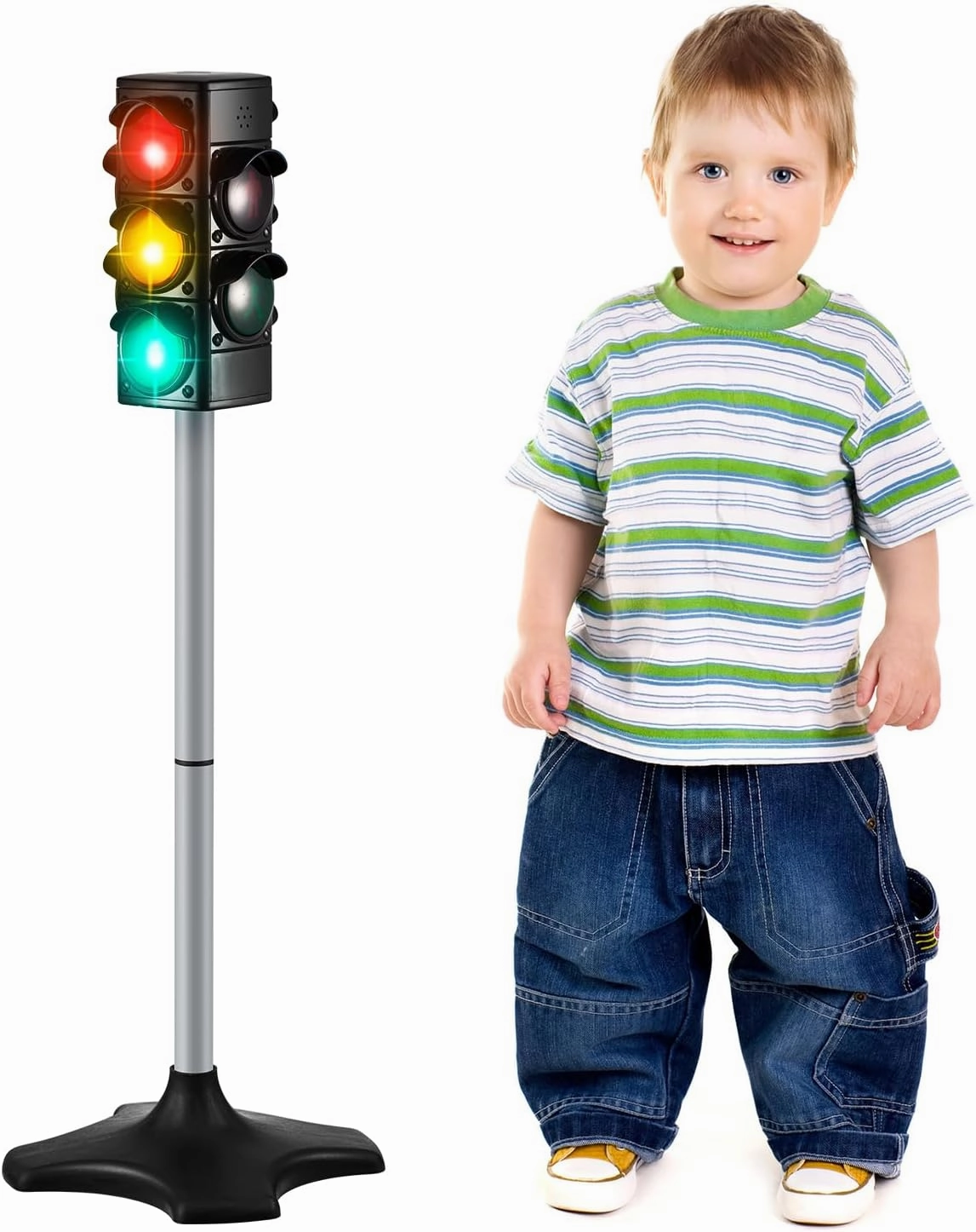 Hiboom 1 Piece Traffic Light Toy 2 in 1 Simulation Safety Traffic Indicator Crosswalk Signal with Lights and Sounds for Birthday Educational Toy Gift 4 Sides, 28.3 Inch Height