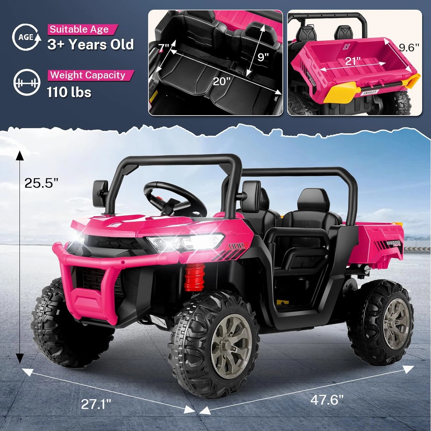 Hikole 2 Seater Ride On UTV Car for Kids, 24V Power Wheels Electric Dump Truck w/Remote Control, 2X200W Motors, Electric Dump Bed, Shovel, Bluetooth, 24 Volt Ride On Toys for Big Kids Girls, Pink