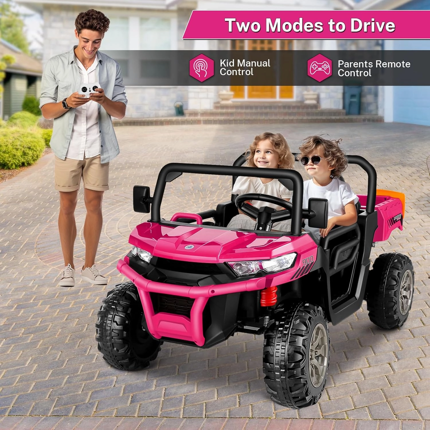 Hikole 2 Seater Ride On UTV Car for Kids, 24V Power Wheels Electric Dump Truck w/Remote Control, 2X200W Motors, Electric Dump Bed, Shovel, Bluetooth, 24 Volt Ride On Toys for Big Kids Girls, Pink