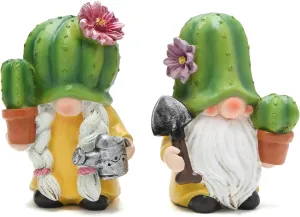 Hodao 2-Pack Cactus Gnome Figurines – Cute Hand-Painted Resin Gnome Statues for Spring and Summer Home and Garden Decor, Patio, Windowsill and Tiered Tray Accents (4.25 Inch)