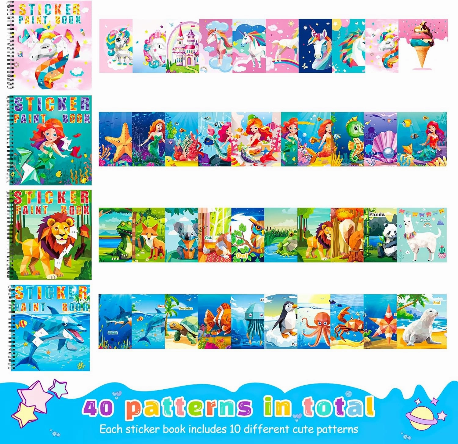 homicozy 4PCS Sticker Paint Books for Kids Ages 4-10,Unicorn Mermaid Animals Designs Paint by Stickers,Sticker by Numbers,Party Birthday Gifts for Girls 4-10,Create 40 Pictures One Stickers at A Time