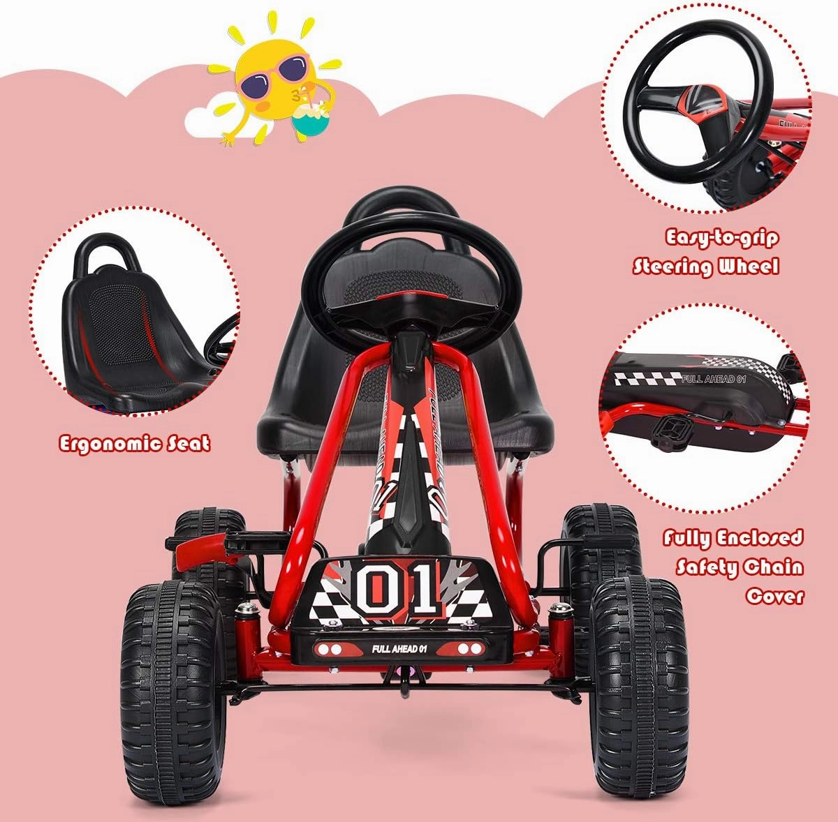 HONEY JOY Go Kart for Kids, 4 Wheel Pedal Powered Go Cart with Steering Wheels & Adjustable Seat, Safety Hand Brake, Non-Slip Tires, Outdoor Off-Road Racer Ride On Pedal Car for Boy Girl (Red)