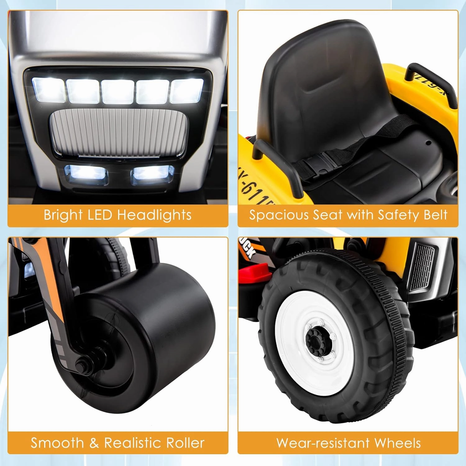 HONEY JOY Ride On Car, 12V Electric Road Roller with Remote Control, Battery Powered Toddler Tractor with Adjustable Drum Roller, Horn & Music, Headlight, Ride On Construction Vehicle for Kids(Yellow)