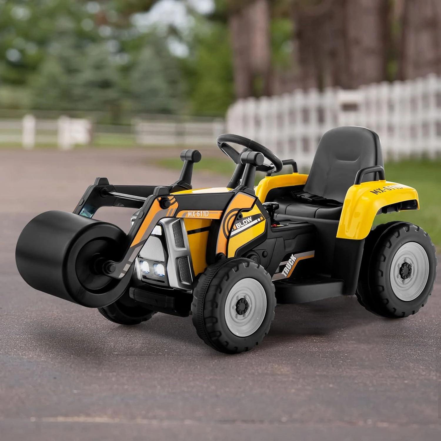 HONEY JOY Ride On Car, 12V Electric Road Roller with Remote Control, Battery Powered Toddler Tractor with Adjustable Drum Roller, Horn & Music, Headlight, Ride On Construction Vehicle for Kids(Yellow)