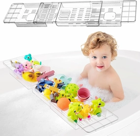 Honeydak Expandable Bath Toys Organizer Bath Toy Storage Basket Clear Acrylic Bathtub Tray with 3 Compartment Horizontal Large Openings Bath Toy Caddy Shelf Holder for Bathtub Toy Storage