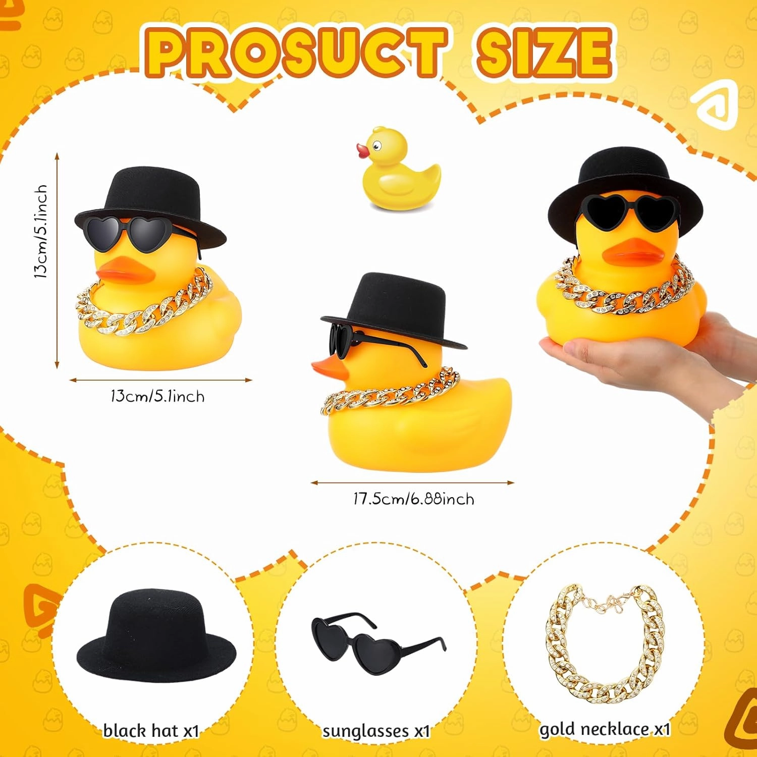 Honoson 6.89 Inches Giant Rubber Duck Funny Large Rubber Duck with Hat and Sunglasses Big Squeaky Duckling Car Ornaments Duckling for Dashboard Decorations Bath Toy(Yellow)