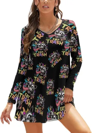 Hooligan Raccoon Eat Garbage Women's Long Sleeve Mini Dress Loose Fashion V-Neck Flowy Dresses