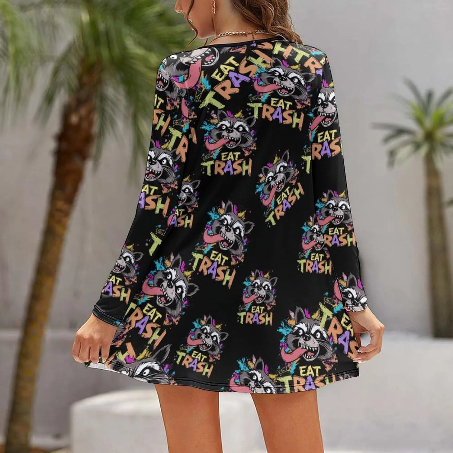 Hooligan Raccoon Eat Garbage Women's Long Sleeve Mini Dress Loose Fashion V-Neck Flowy Dresses