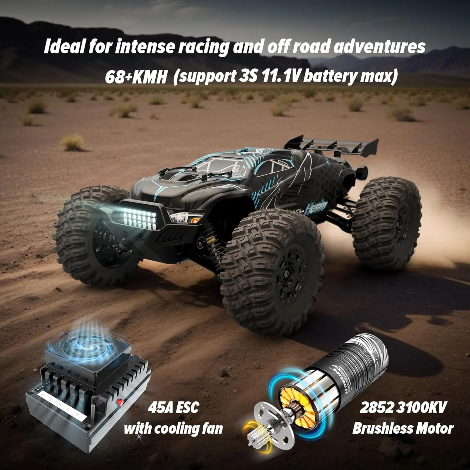 Hosim 1:10 Brushless RC Cars for Adults, 68 KMH Remote Control Car Fast, 4WD All Terrain Rc Trucks Off Road Waterproof Hobby Grade Large Racing Buggy Toy Gift Monster Trucks-Upgradeable to 3S Battery
