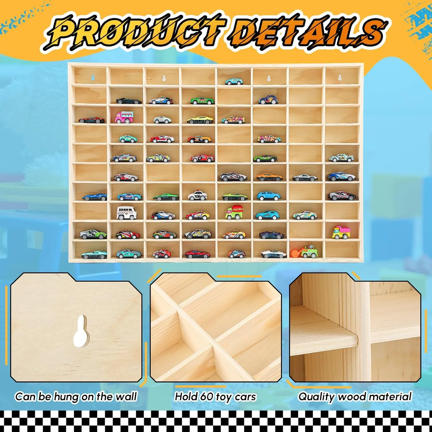 Hot 1/64 Diecast Wheels Display Case Holds Toy Cars Wooden Wall Mount Car Display Shelf Storage Organizer Case for Toy Collectibles, Wheel, Model, 10 Layers (80 Spaces)