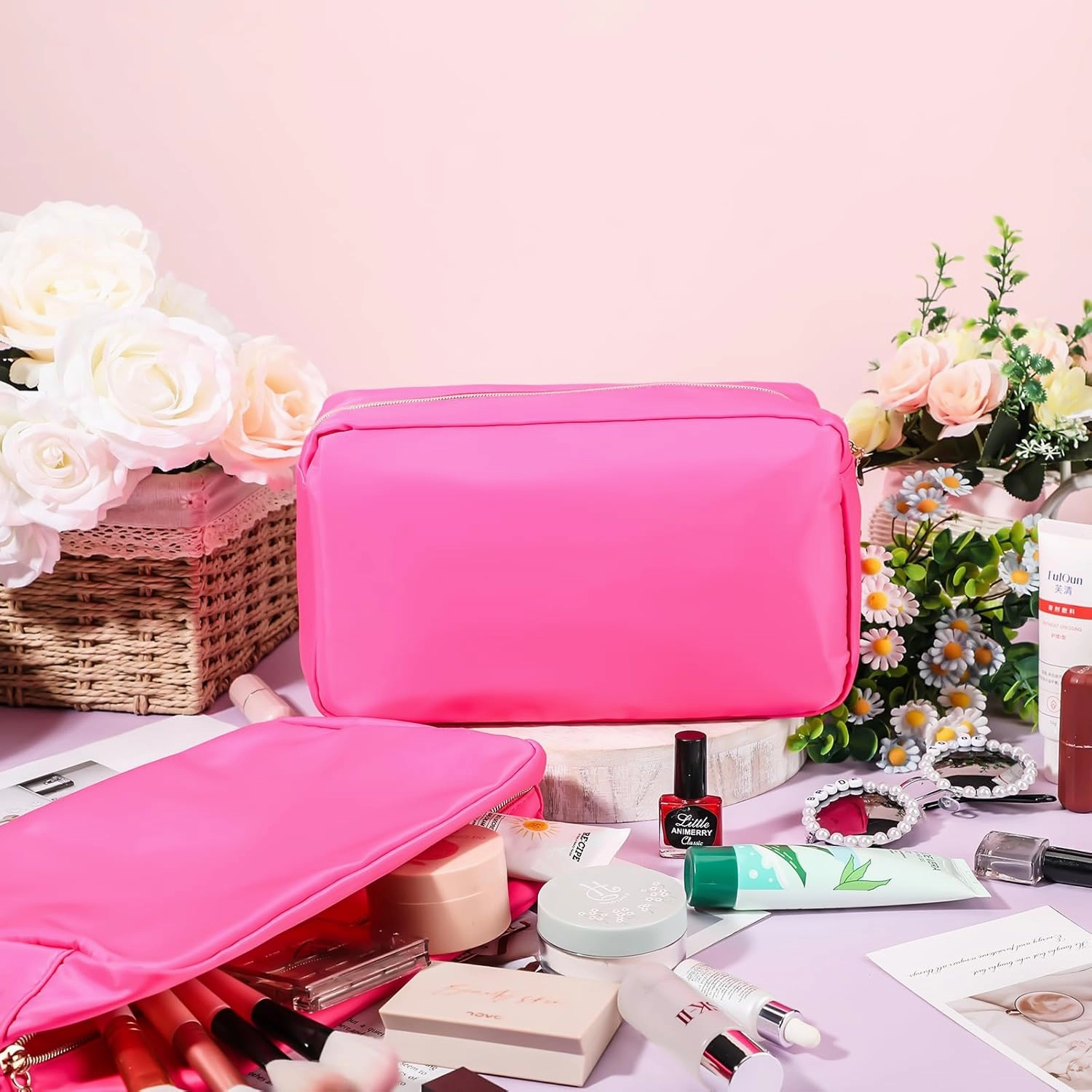 Hushee 4 Pcs Nylon Makeup Bag Preppy Zipper Pouch Waterproof Nylon Toiletry Storage Bag for Women(Small,Hot Pink)
