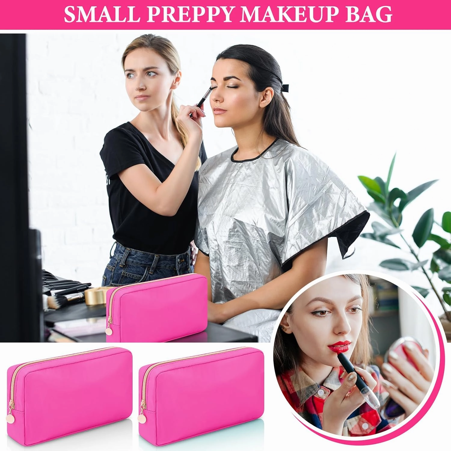 Hushee 4 Pcs Nylon Makeup Bag Preppy Zipper Pouch Waterproof Nylon Toiletry Storage Bag for Women(Small,Hot Pink)