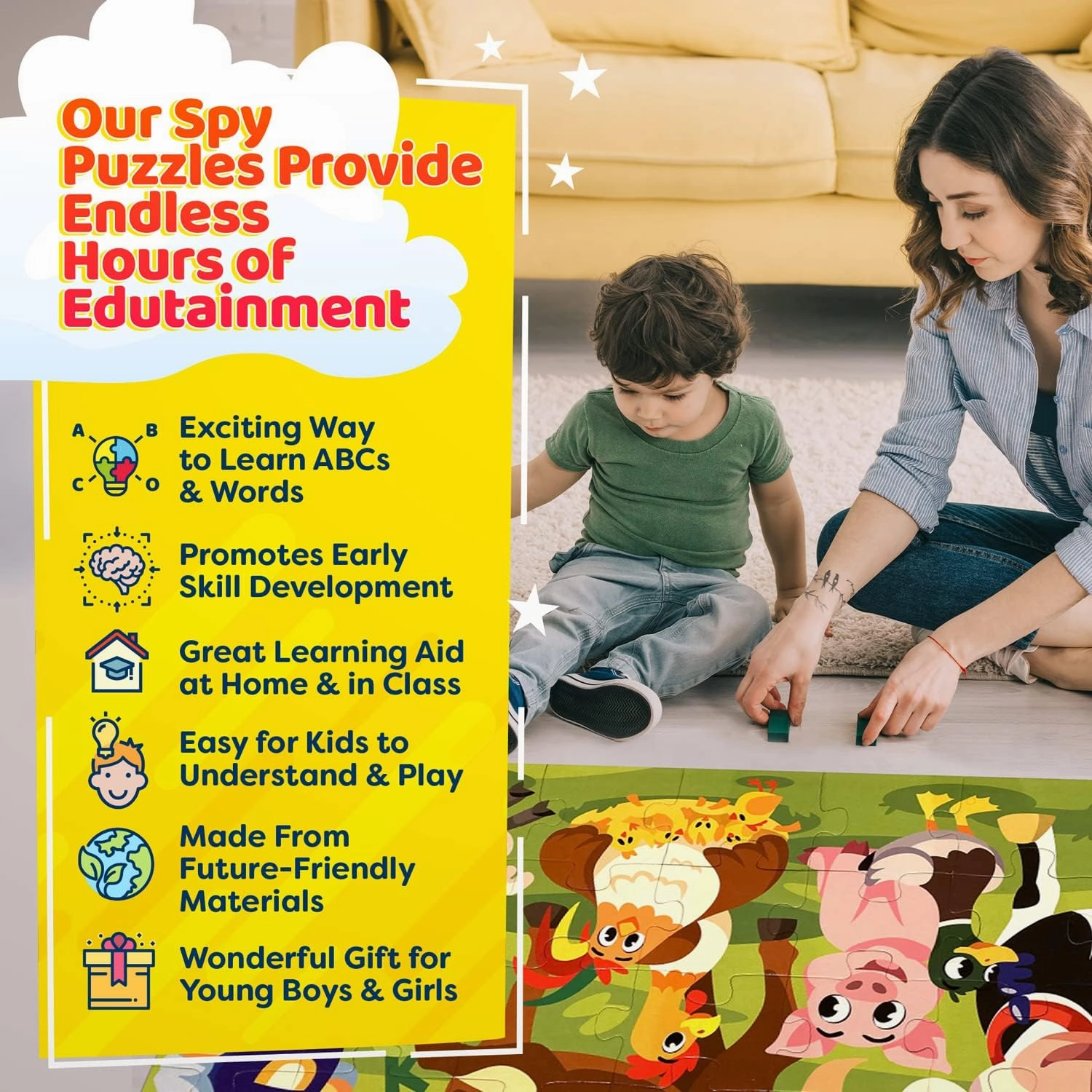 I Spy Alphabet Puzzle with Flashcards and Magnifying Glass 48 Piece Farm Animals Jigsaw for Kids Ages 3 to 5 Preschool ABC Floor Puzzle for Toddlers Large 2ft x 3ft