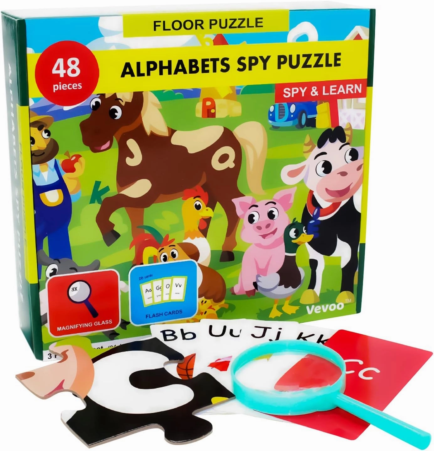 I Spy Alphabet Puzzle with Flashcards and Magnifying Glass 48 Piece Farm Animals Jigsaw for Kids Ages 3 to 5 Preschool ABC Floor Puzzle for Toddlers Large 2ft x 3ft