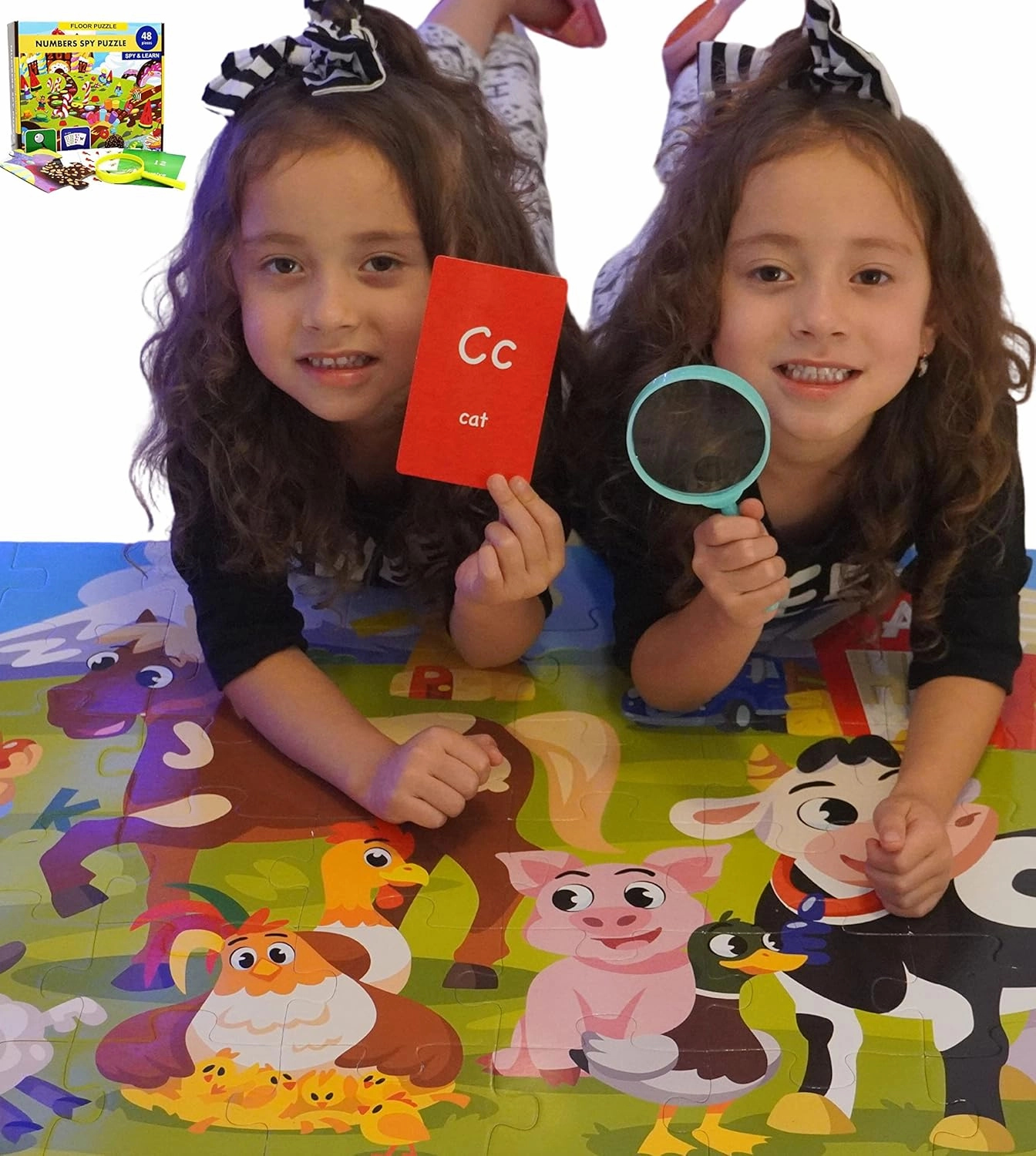 I Spy Alphabet Puzzle with Flashcards and Magnifying Glass 48 Piece Farm Animals Jigsaw for Kids Ages 3 to 5 Preschool ABC Floor Puzzle for Toddlers Large 2ft x 3ft