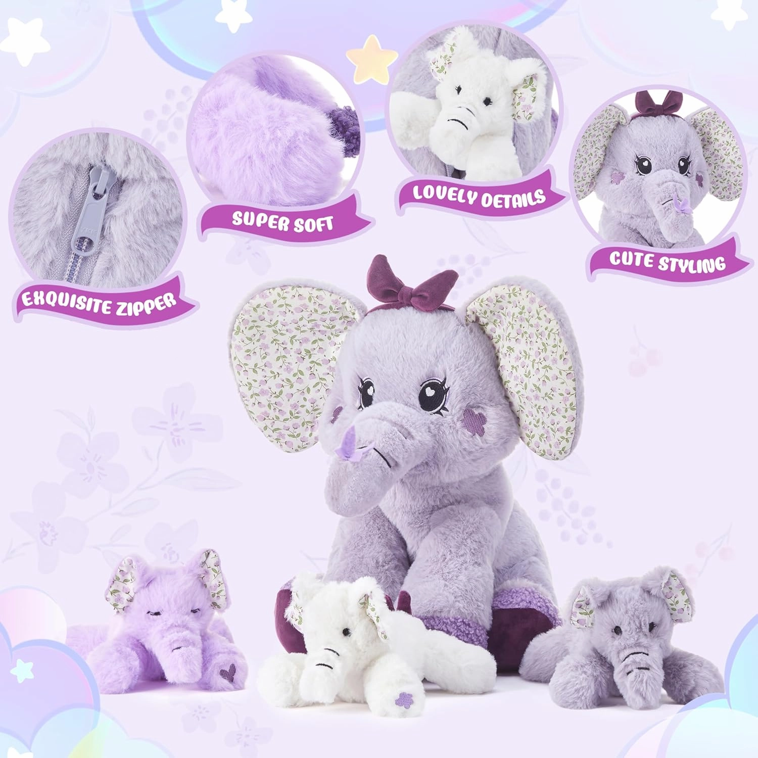 IKASA Elephant Stuffed Animal Mom and Baby Plush Toy, Cute 13" Soft Small Mama Family Set Huggable Cuddly Toys with Mini Little Babies,Gifts for Kids