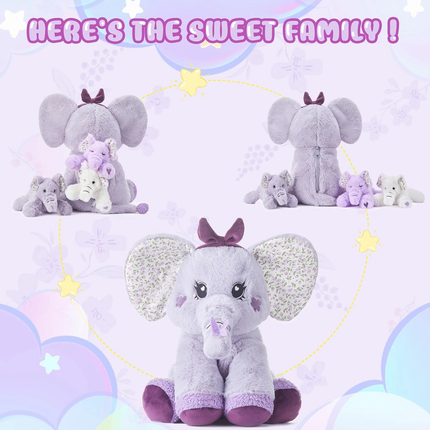 IKASA Elephant Stuffed Animal Mom and Baby Plush Toy, Cute 13" Soft Small Mama Family Set Huggable Cuddly Toys with Mini Little Babies,Gifts for Kids