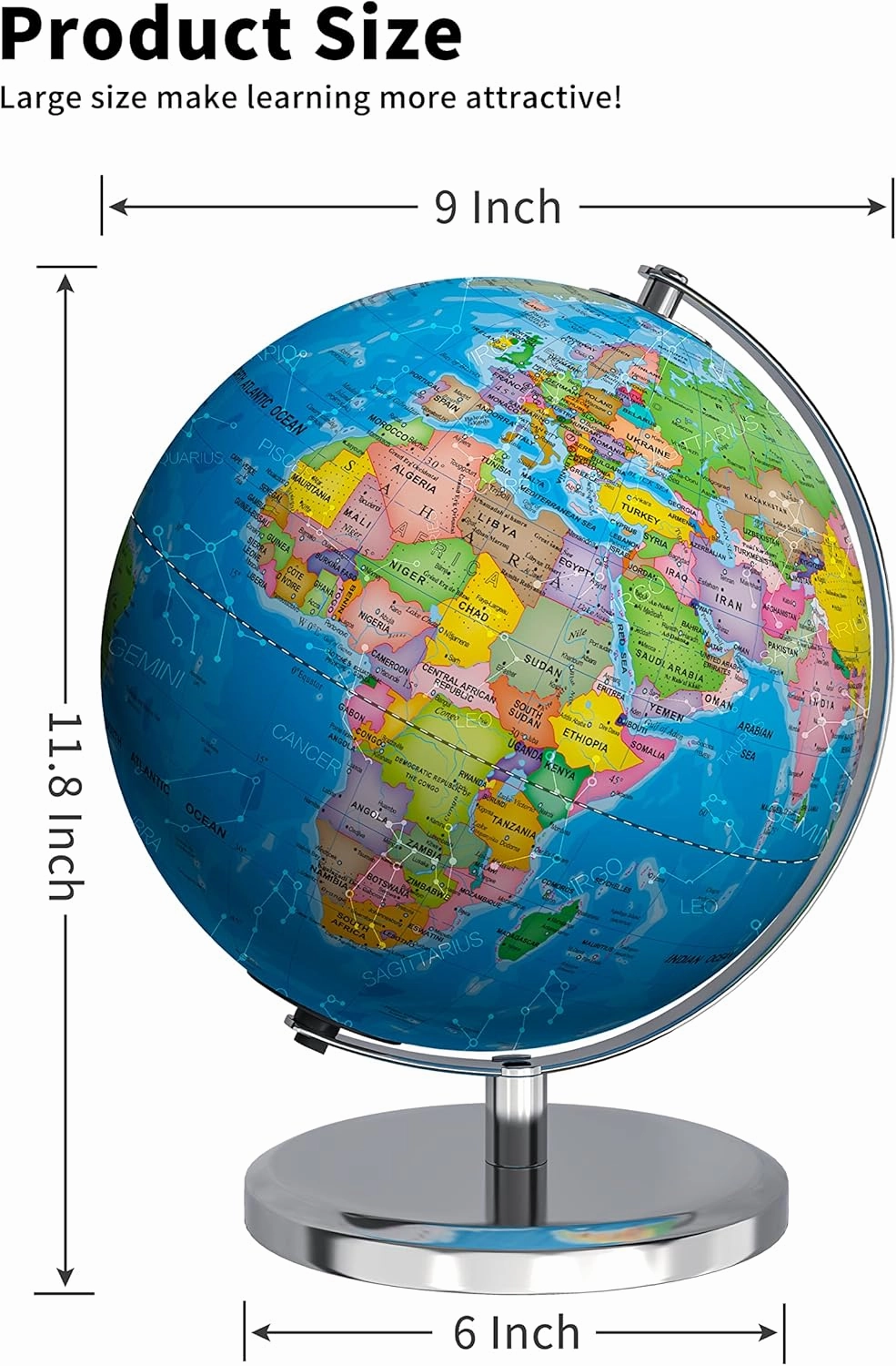 Illuminated World Globe with Stand, 9" Earth Globes with Stable Heavy Metal Base for Kids Classroom Learning, LED Constellation Globe Night Light with HD Printed Map