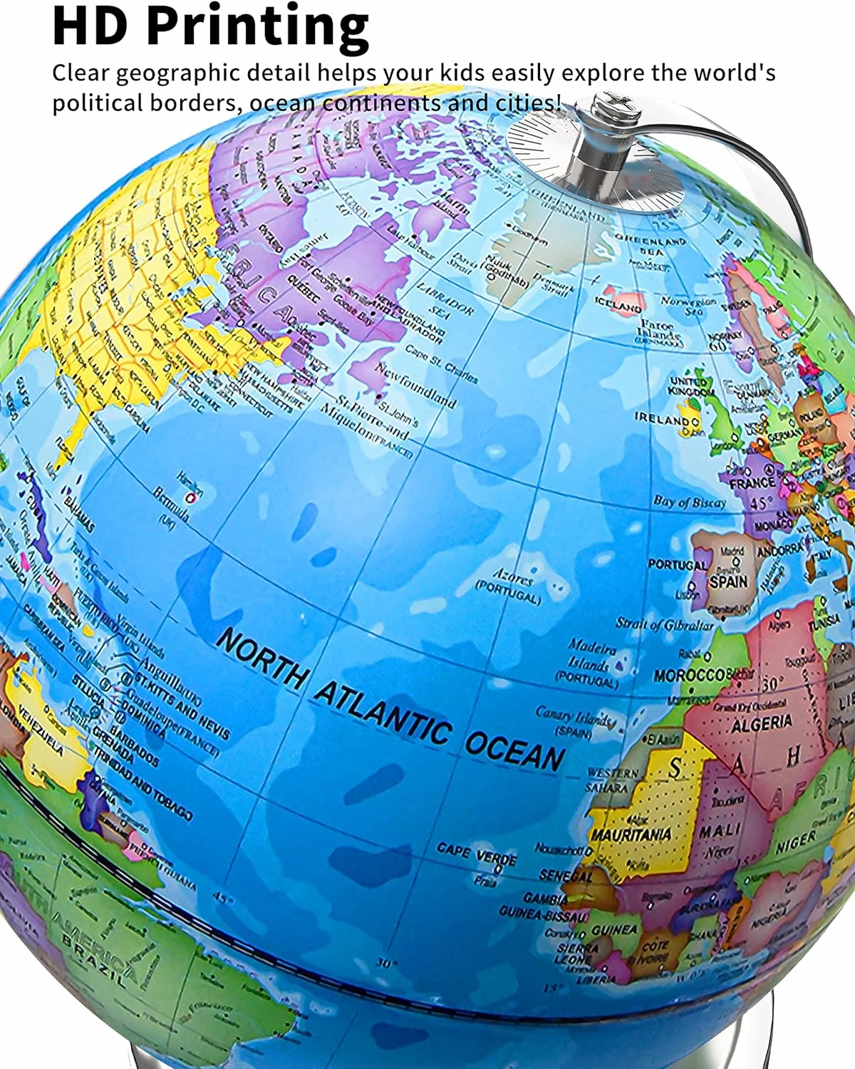Illuminated World Globe with Stand, 9" Earth Globes with Stable Heavy Metal Base for Kids Classroom Learning, LED Constellation Globe Night Light with HD Printed Map