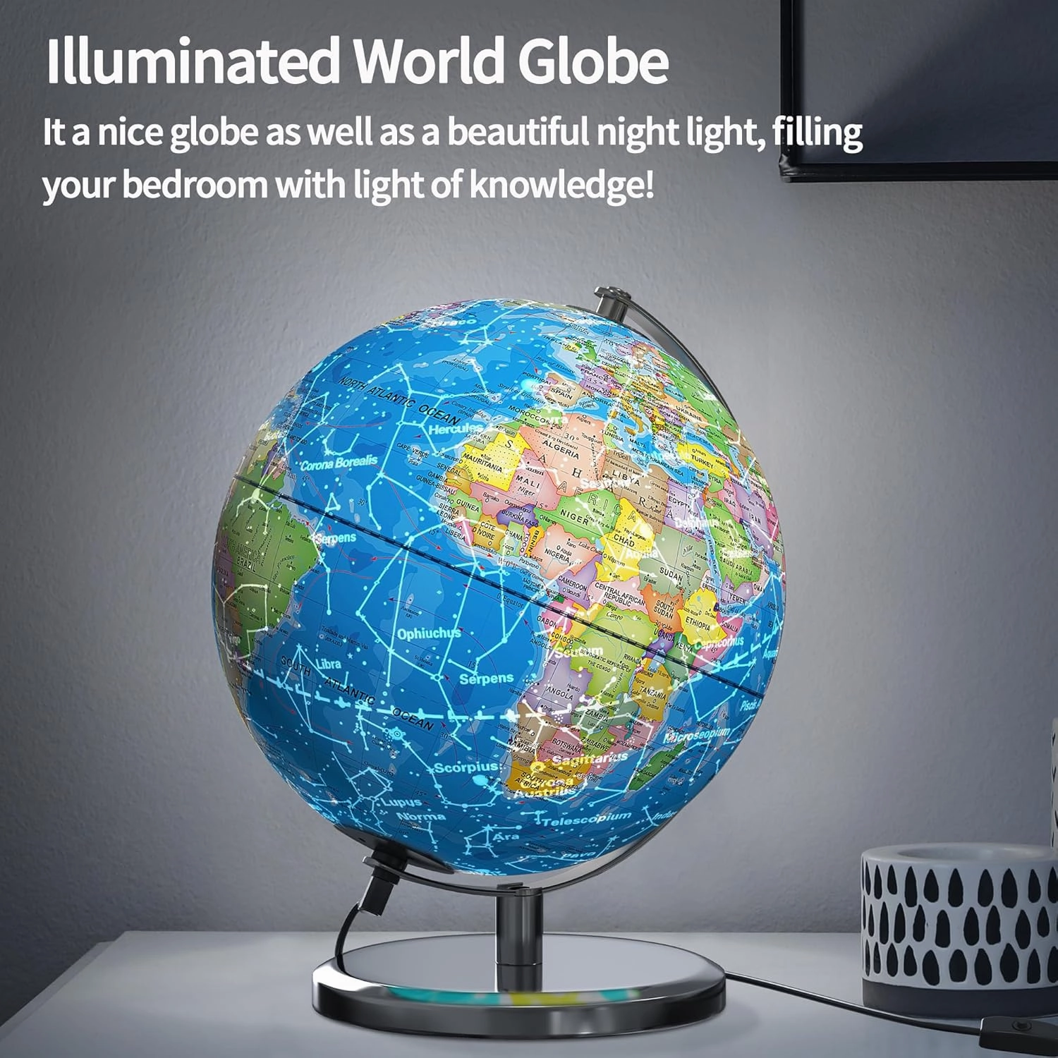Illuminated World Globe with Stand, 9" Earth Globes with Stable Heavy Metal Base for Kids Classroom Learning, LED Constellation Globe Night Light with HD Printed Map