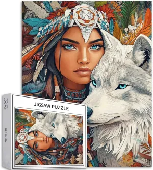 Indian Girl and White Wolf 1000 Piece Jigsaw Puzzles for Adults Forest Background Art Jigsaw Puzzle Challenging Family Activity Games Colorful DIY Craft Puzzle for Home Decor Gifts 20×27 Inches